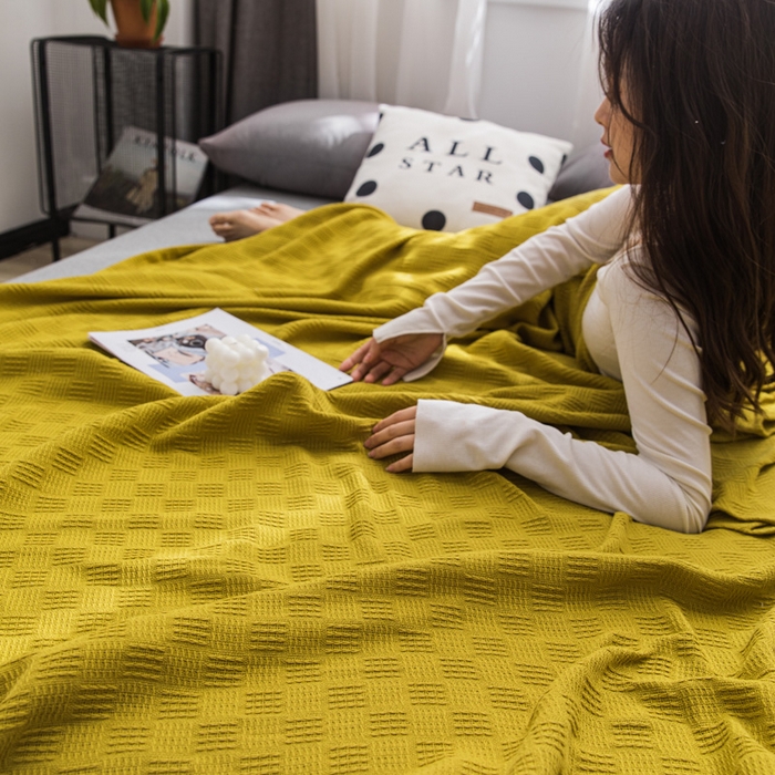 91家纺网 家纺一手货源 找家纺 朴尔家纺-毛巾被 2024新款加厚纯色线毯纱布毛巾被 素色纯棉肌理线毯-深黄