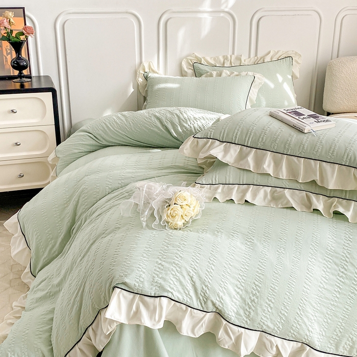 91家纺网 家纺一手货源 找家纺 大境 2024新款小提花韩版公主风小清新轻奢四件套三件套 香草绿