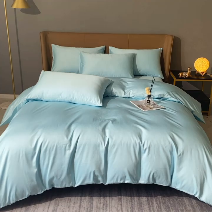 91家纺网 家纺一手货源 找家纺 晶缦家纺 2024新款100S全棉贡缎长绒棉纯色四件套和单品-纯沐系列 四件套 纯沐-浅天蓝