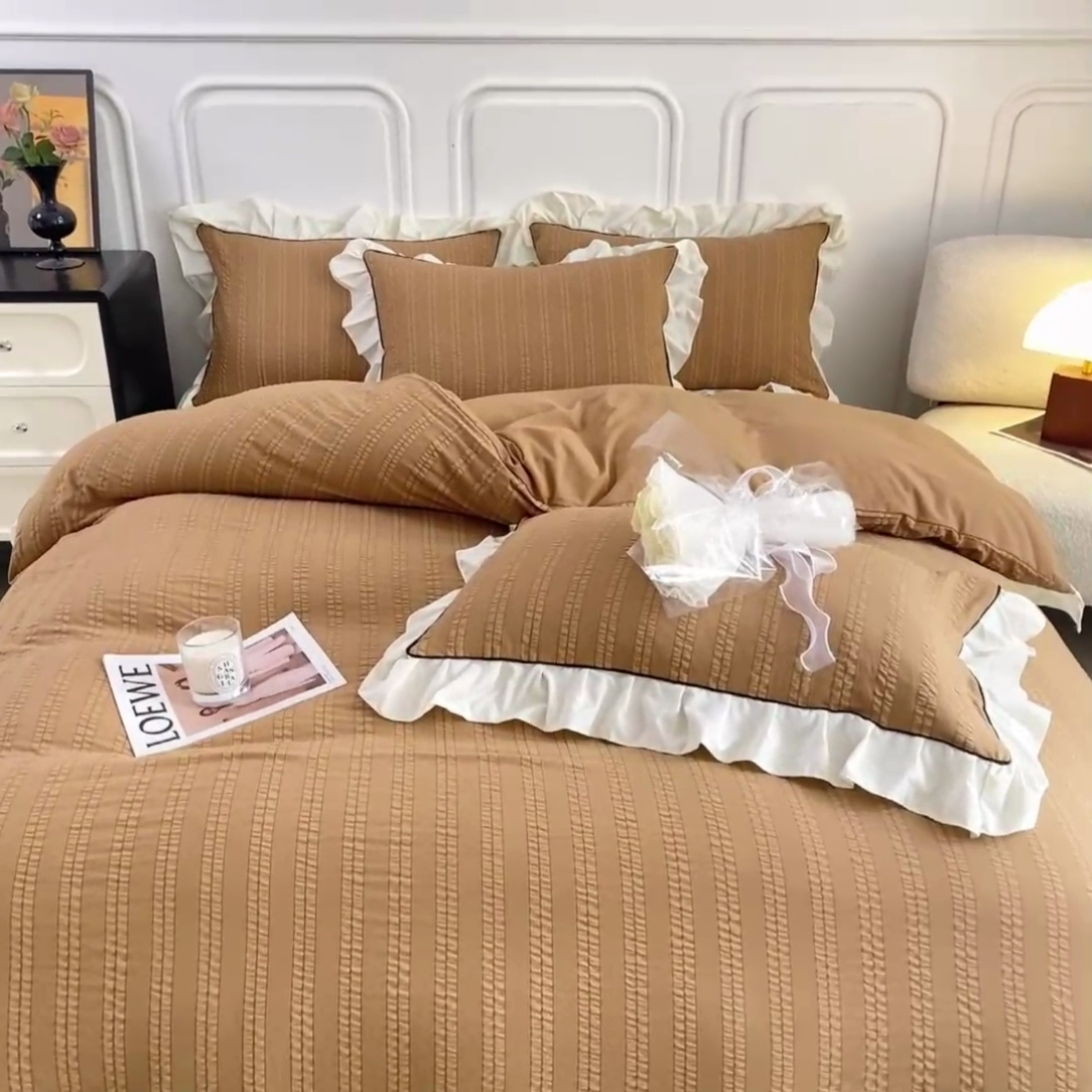 91家纺网 家纺一手货源 找家纺 大境 2024新款小提花韩版公主风小清新轻奢四件套三件套 美拉德棕