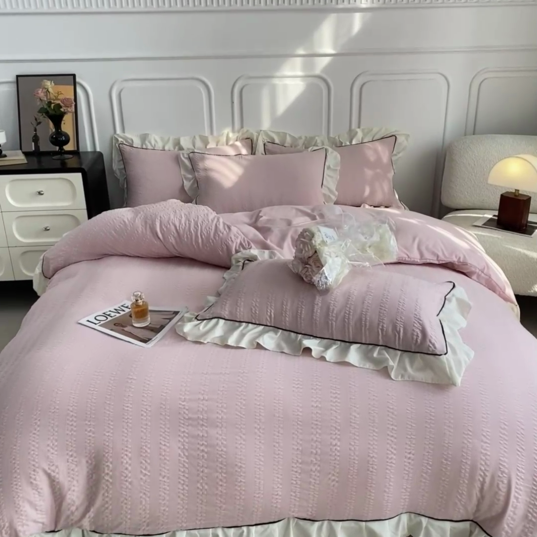 91家纺网 家纺一手货源 找家纺 大境 2024新款小提花韩版公主风小清新轻奢四件套三件套 粉豆沙