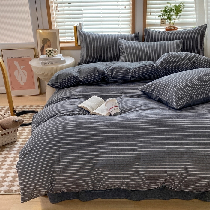 91家纺网 家纺一手货源 找家纺 蓝邻家纺 2024新款全棉色织水洗棉四件套 灰细条