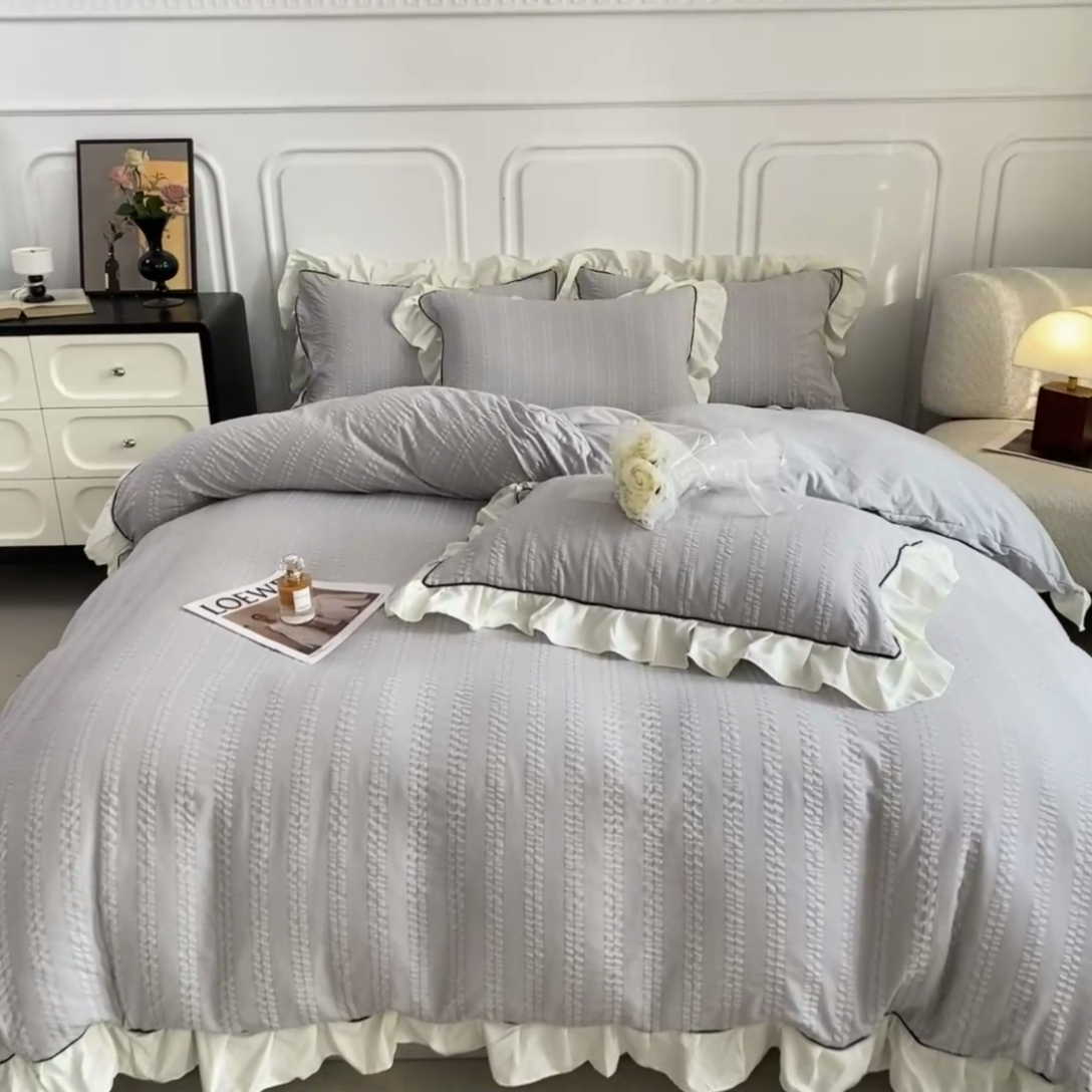 91家纺网 家纺一手货源 找家纺 大境 2024新款小提花韩版公主风小清新轻奢四件套三件套 优雅灰