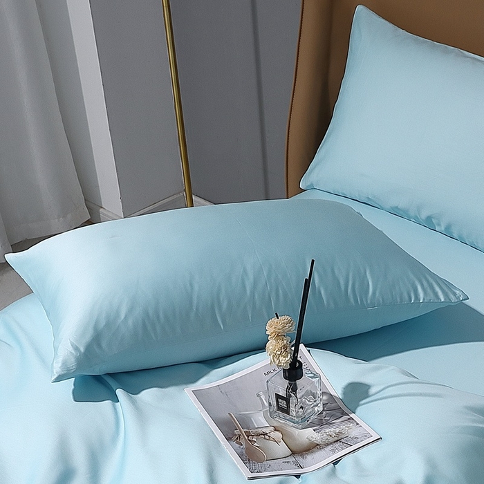 91家纺网 家纺一手货源 找家纺 晶缦家纺 2024新款100S全棉贡缎长绒棉纯色四件套和单品-纯沐系列 单枕套 纯沐-浅天蓝