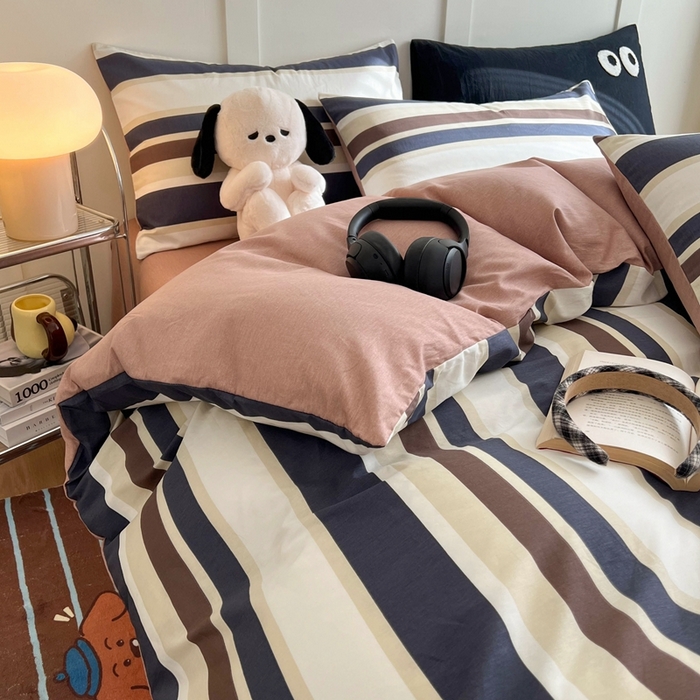 91家纺网 家纺一手货源 找家纺 HL原创 2024新款13070全棉40s单被套 棕蓝条