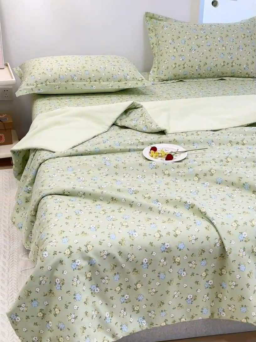 91家纺网 家纺一手货源 找家纺 元元被芯 2024新款全棉小清新夏被四件套-单夏被 韩式清新-绿