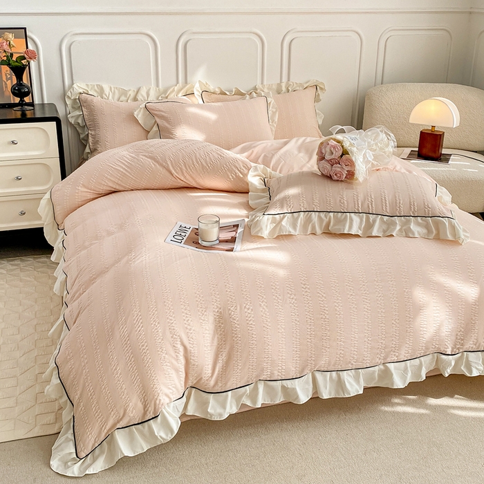 91家纺网 家纺一手货源 找家纺 大境 2024新款小提花韩版公主风小清新轻奢四件套三件套 玉色