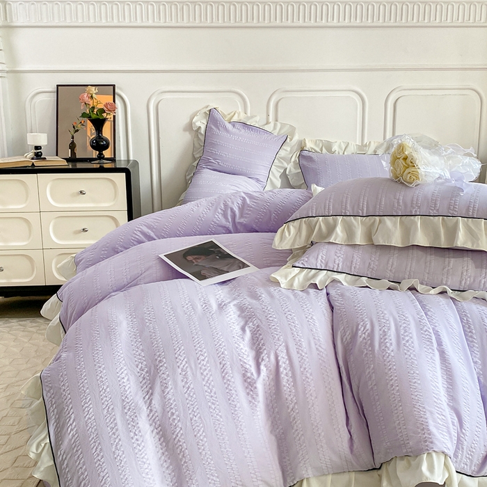 91家纺网 家纺一手货源 找家纺 大境 2024新款小提花韩版公主风小清新轻奢四件套三件套 浪漫紫