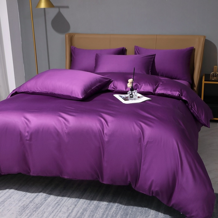 91家纺网 家纺一手货源 找家纺 晶缦家纺 2024新款100S全棉贡缎长绒棉纯色四件套和单品-纯沐系列 四件套 纯沐-罗兰紫