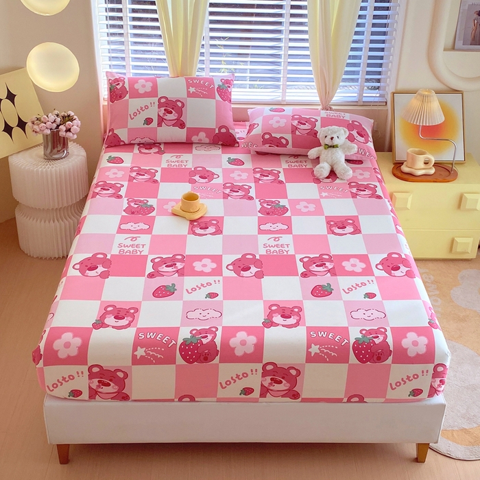 91家纺网 家纺一手货源 找家纺 洺兰家居 2025新款全棉喷气印花单床笠纯棉小清新花卉北欧风床套/枕套 草莓熊