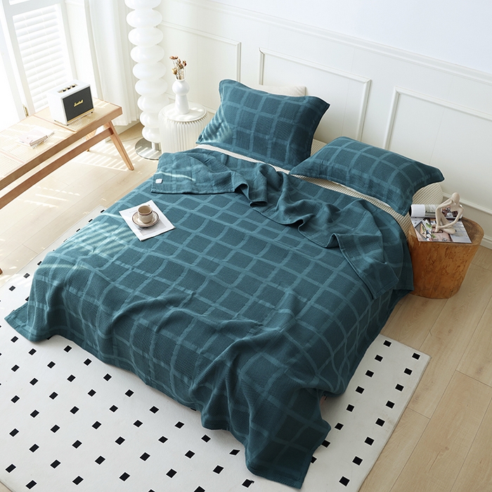 91家纺网 家纺一手货源 找家纺 朴尔家纺 2024新款全棉质朴方格风立体华夫格透气纱布毛巾被 方格华夫格-墨绿