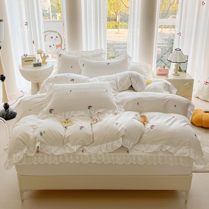 宜凡家纺 2024新款全棉夹棉绣花花边系列床笠四件套 花语 奶白