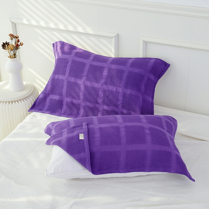 91家纺网 家纺一手货源 找家纺 朴尔家纺 2024新款全棉质朴方格风立体华夫格透气纱布枕巾/对 方格华夫格-紫枕巾