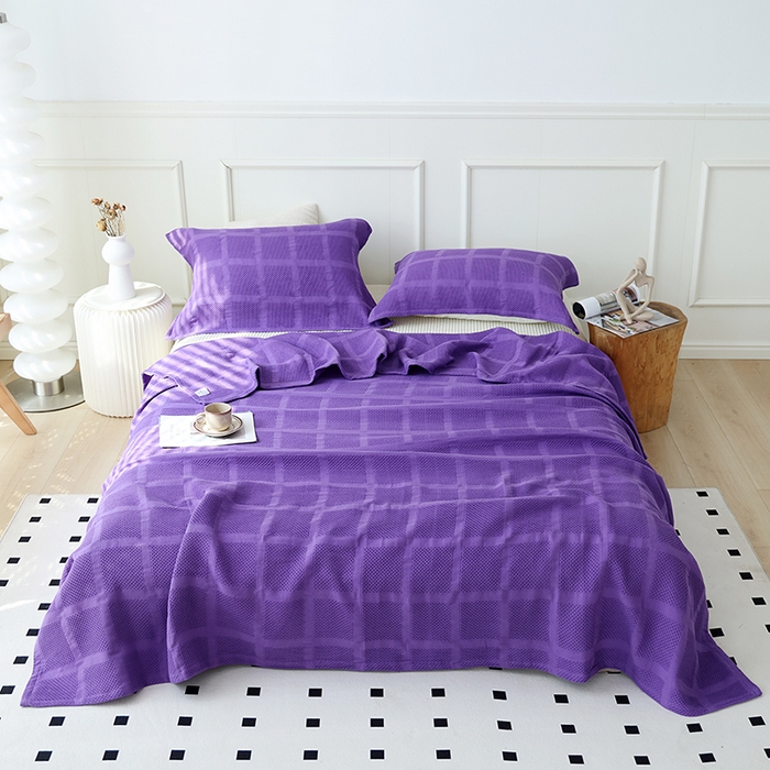 91家纺网 家纺一手货源 找家纺 朴尔家纺 2024新款全棉质朴方格风立体华夫格透气纱布毛巾被 方格华夫格-紫