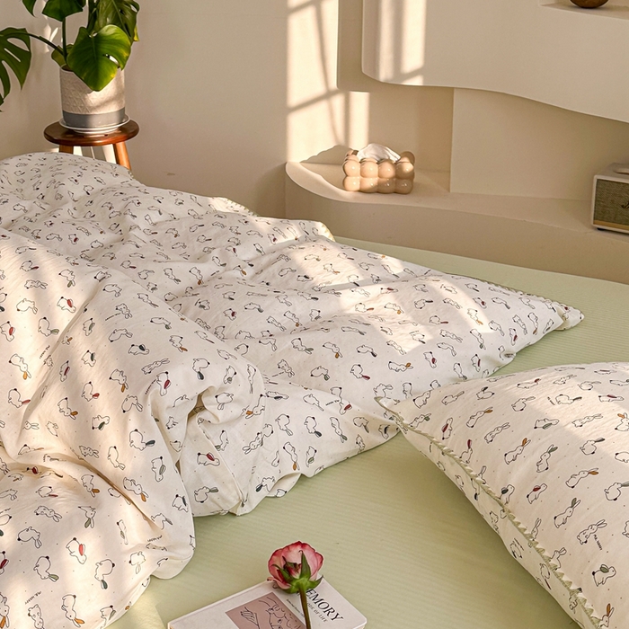 91家纺网 家纺一手货源 找家纺 洋铭区（原狠狠爱） 2024新款全棉双层纱四件套 奔跑小兔