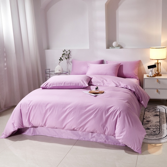 91家纺网 家纺一手货源 找家纺 晶缦家纺 2024新款喷气全棉13376纯棉斜纹纯色多规格四件套和单品-沐色系列 四件套 沐色-浅紫