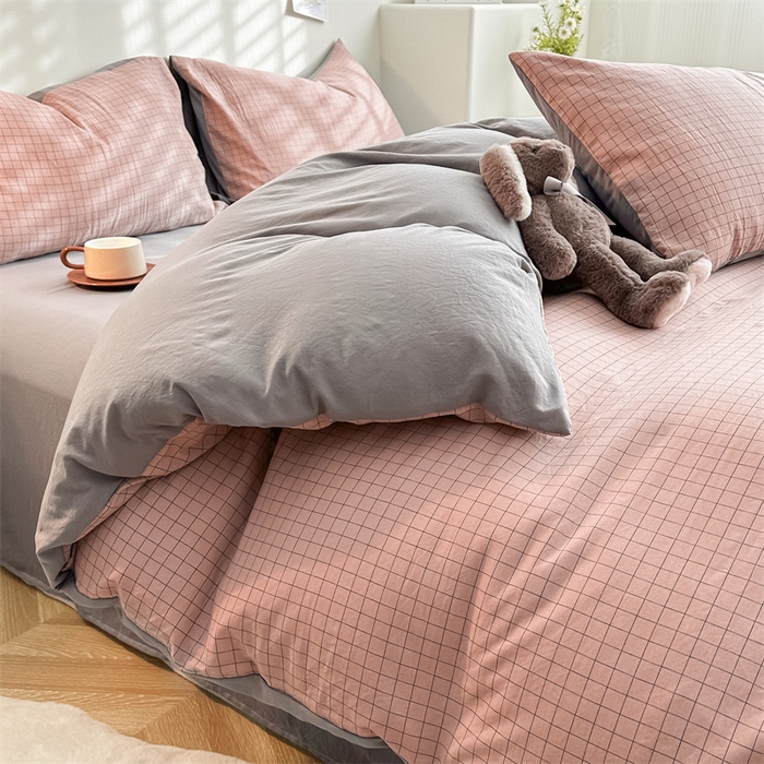 91家纺网 家纺一手货源 找家纺 （总）古吉梦 2024新款水洗棉小清新印花格子系列四件套