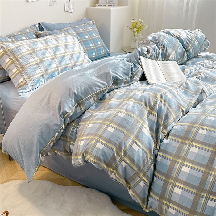 91家纺网 家纺一手货源 找家纺 古吉梦 2024新款水洗棉小清新印花格子系列四件套 G-简兮-蓝+海青