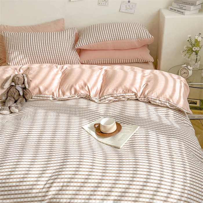 91家纺网 家纺一手货源 找家纺 古吉梦 2024新款水洗棉小清新印花格子系列四件套 G-小格玉+粉玉