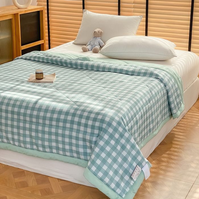 91家纺网 家纺一手货源 找家纺 梦恬佳2024新款无印风水洗棉夏被-绿小格