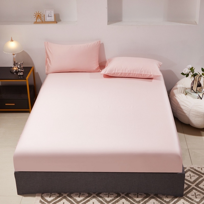 91家纺网 家纺一手货源 找家纺 晶缦家纺 2024新款全棉60支贡缎长绒棉纯色多规格四件套和单品-琅夕系列 单床笠 琅夕-浅粉玉