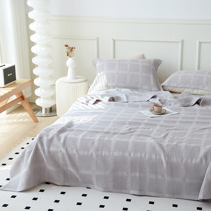 91家纺网 家纺一手货源 找家纺 朴尔家纺 2024新款全棉质朴方格风立体华夫格透气纱布毛巾被 方格华夫格-灰