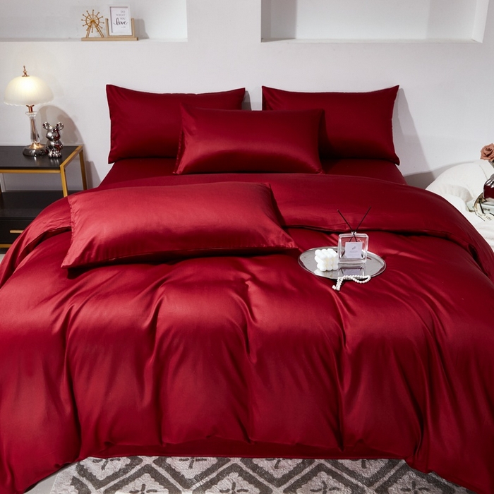 91家纺网 家纺一手货源 找家纺 晶缦家纺 2025新款全棉60支贡缎长绒棉纯色多规格四件套和单品-琅夕系列 四件套 琅夕-酒红色