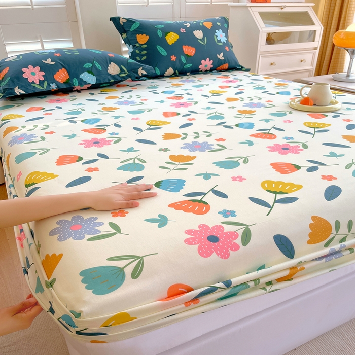 91家纺网 家纺一手货源 找家纺 洺兰家居 2025新款全棉喷气印花单床笠纯棉小清新花卉北欧风床套/枕套 洛洛繁花米