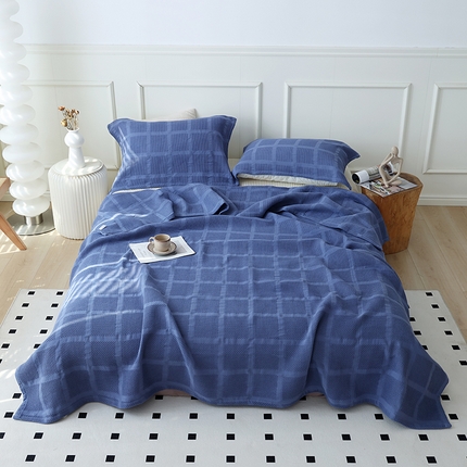 91家纺网 家纺一手货源 找家纺 朴尔家纺 2024新款全棉质朴方格风立体华夫格透气纱布毛巾被 方格华夫格-深蓝