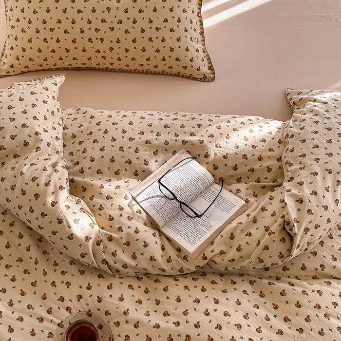 91家纺网 家纺一手货源 找家纺 洋铭区（原狠狠爱） 2024新款全棉双层纱四件套 甜甜小蘑菇