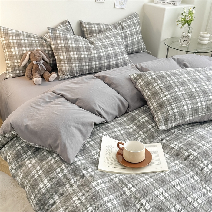 91家纺网 家纺一手货源 找家纺 古吉梦 2024新款水洗棉小清新印花格子系列四件套 G-可可灰+中灰