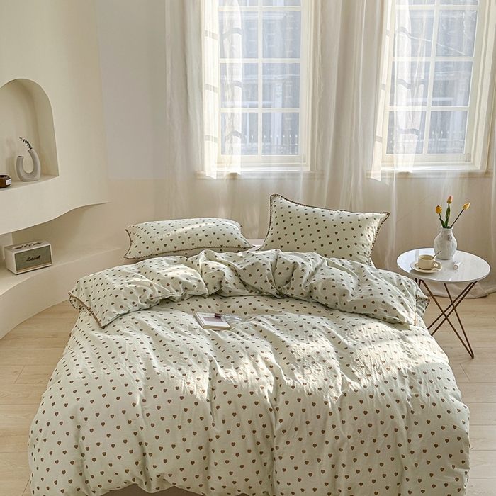 91家纺网 家纺一手货源 找家纺 洋铭区（原狠狠爱） 2024新款全棉双层纱四件套 咖咖爱心