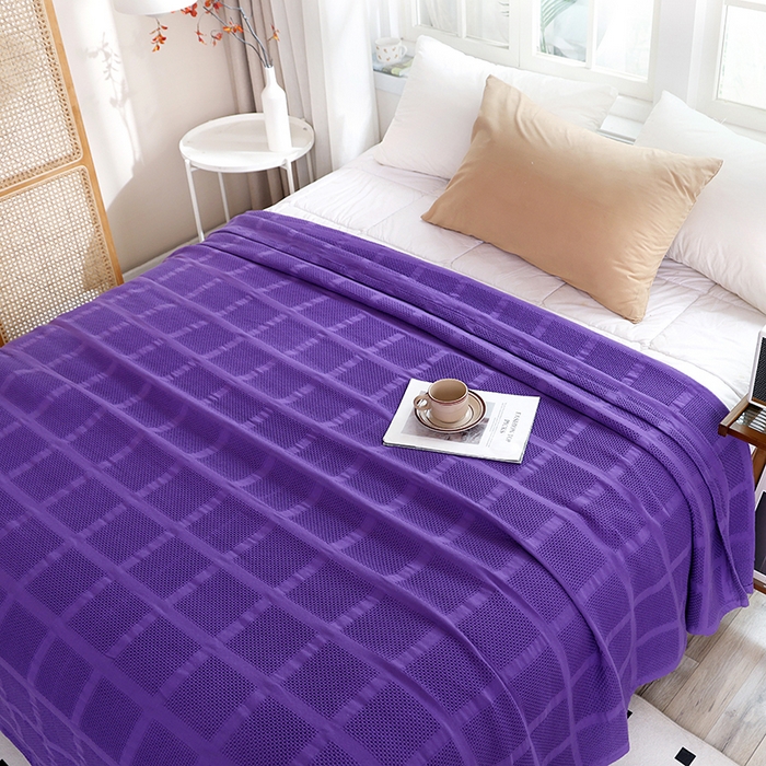 91家纺网 家纺一手货源 找家纺 朴尔家纺 2024新款全棉质朴方格风立体华夫格透气纱布毛巾被 方格华夫格-紫