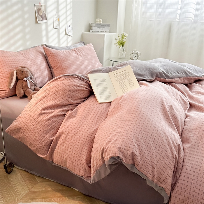 91家纺网 家纺一手货源 找家纺 （总）古吉梦 2024新款水洗棉小清新印花格子系列四件套