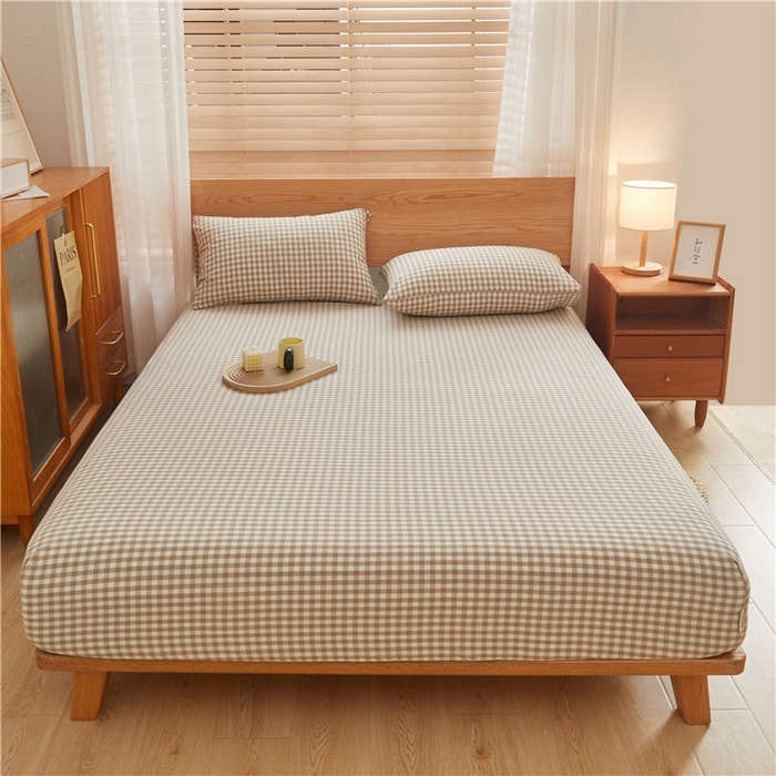 91家纺网 家纺一手货源 找家纺 喜居 2024新款A类色织纯棉水洗棉100%新疆棉全棉床笠 咖小格