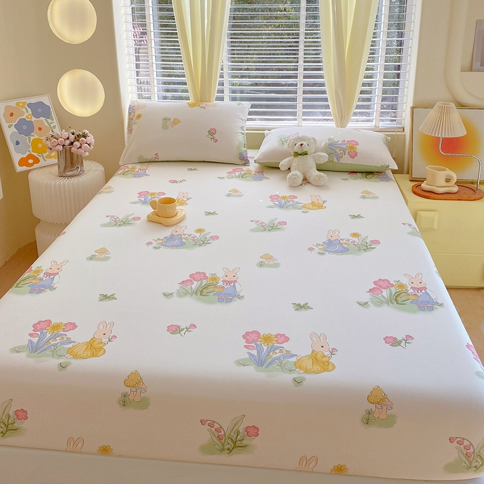 91家纺网 家纺一手货源 找家纺 洺兰家居 2025新款全棉喷气印花单床笠纯棉小清新花卉北欧风床套/枕套 蘑菇兔