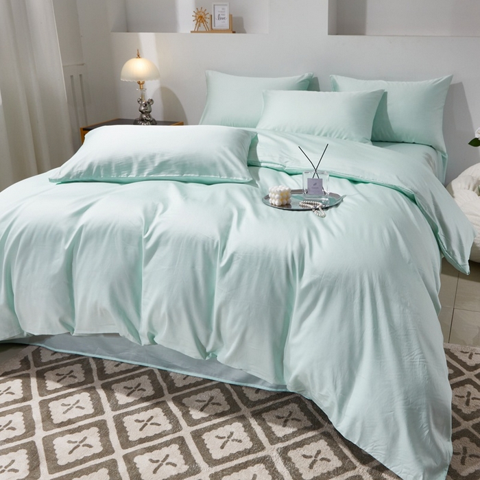 91家纺网 家纺一手货源 找家纺 晶缦家纺 2024新款全棉60支贡缎长绒棉纯色多规格四件套和单品-琅夕系列 四件套 琅夕-天青绿