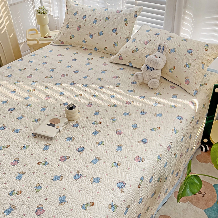 91家纺网 家纺一手货源 找家纺 胜权家纺 2024新款A类60支双面全棉高温水洗夹棉床盖三件套 快乐兔