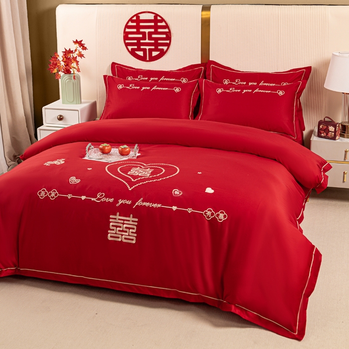 91家纺网 家纺一手货源 找家纺 银石 2024新款60新疆长绒棉大红婚庆绣花四件套 心心相印