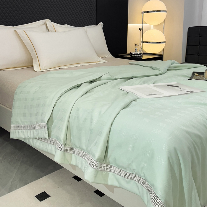 91家纺网 家纺一手货源 找家纺 优姿家纺  2024新品凉感生态提花大豆镂空抑菌夏被 格调优美-清水绿