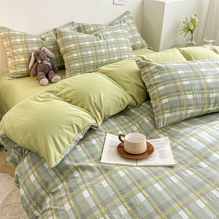 91家纺网 家纺一手货源 找家纺 古吉梦 2024新款水洗棉小清新印花格子系列四件套 G简兮-绿+果绿