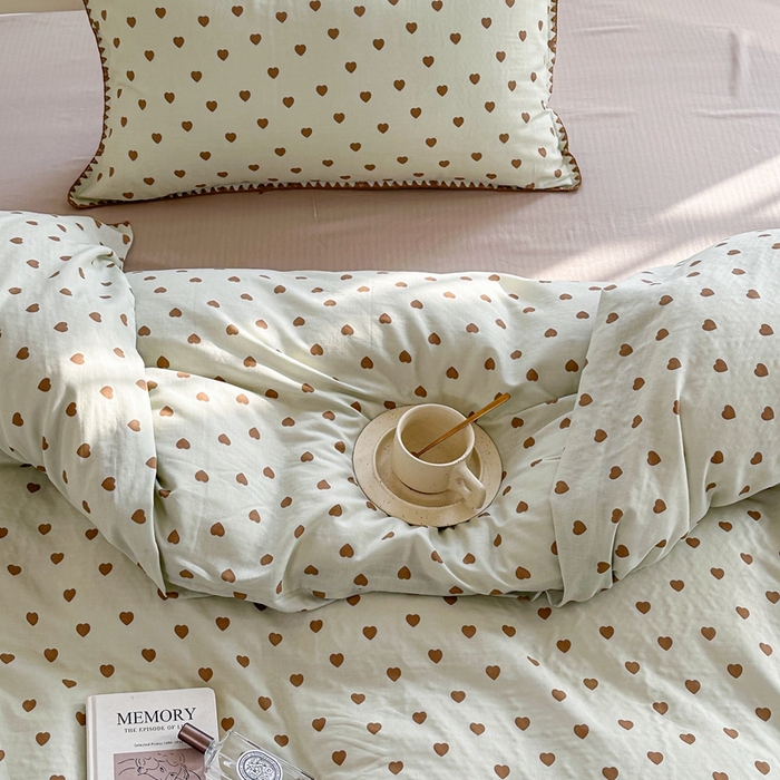 91家纺网 家纺一手货源 找家纺 洋铭区（原狠狠爱） 2024新款全棉双层纱四件套 咖咖爱心