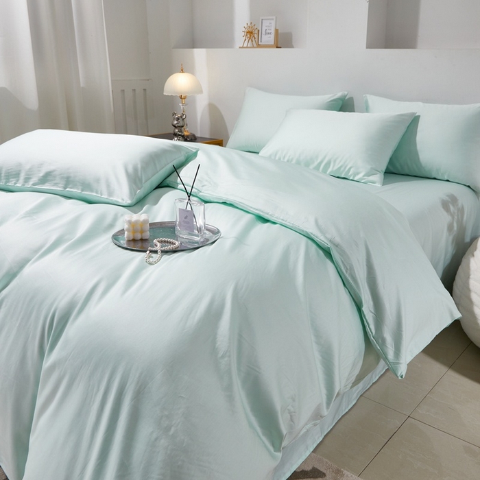 91家纺网 家纺一手货源 找家纺 晶缦家纺 2024新款全棉60支贡缎长绒棉纯色多规格四件套和单品-琅夕系列 单被套 琅夕-天青绿