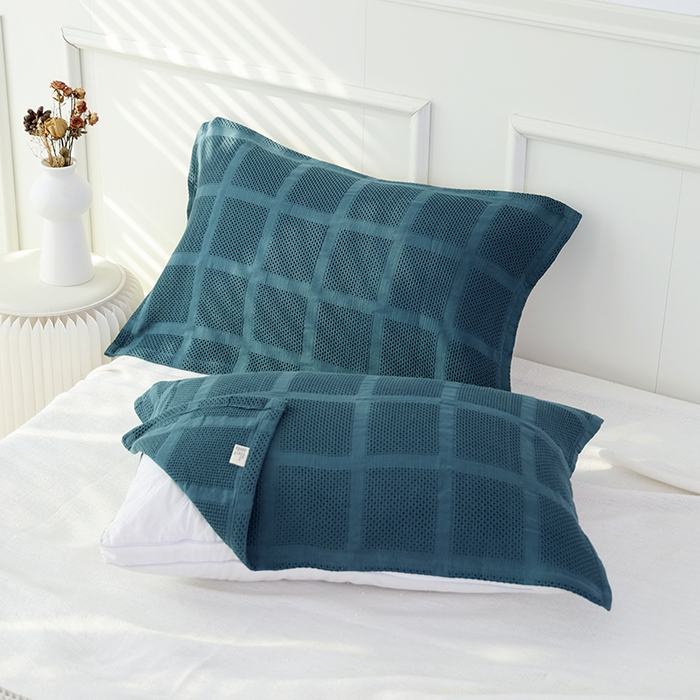 91家纺网 家纺一手货源 找家纺 朴尔家纺 2024新款全棉质朴方格风立体华夫格透气纱布枕巾/对 方格华夫格-墨绿枕巾