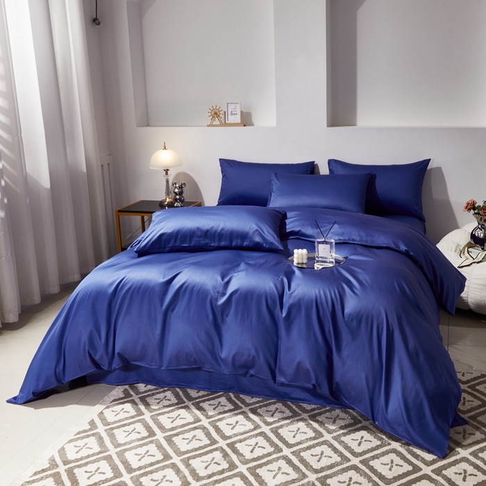 91家纺网 家纺一手货源 找家纺 晶缦家纺 2024新款全棉60支贡缎长绒棉纯色多规格四件套和单品-琅夕系列 四件套 琅夕-克莱因蓝