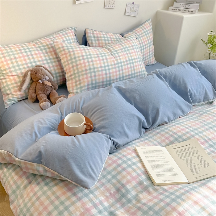 91家纺网 家纺一手货源 找家纺 古吉梦 2024新款水洗棉小清新印花格子系列四件套 G-七彩格+海青