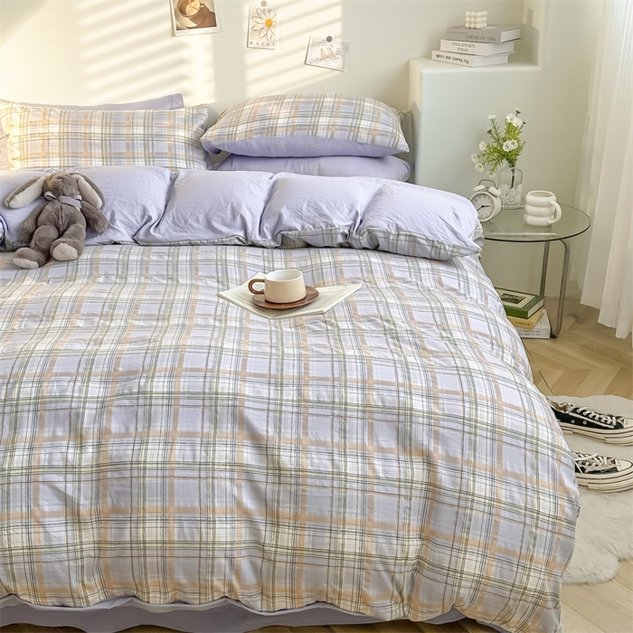 91家纺网 家纺一手货源 找家纺 古吉梦 2024新款水洗棉小清新印花格子系列四件套 G可可紫+浅紫