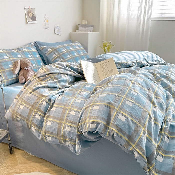 91家纺网 家纺一手货源 找家纺 古吉梦 2024新款水洗棉小清新印花格子系列四件套 G-简兮-蓝+海青