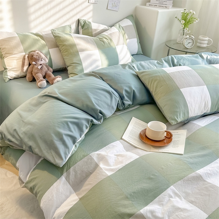 91家纺网 家纺一手货源 找家纺 古吉梦 2024新款水洗棉小清新印花格子系列四件套 G-绿白大格+薄荷绿