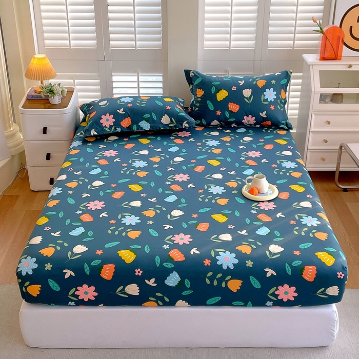 91家纺网 家纺一手货源 找家纺 洺兰家居 2025新款全棉喷气印花单床笠纯棉小清新花卉北欧风床套/枕套 洛洛繁花蓝